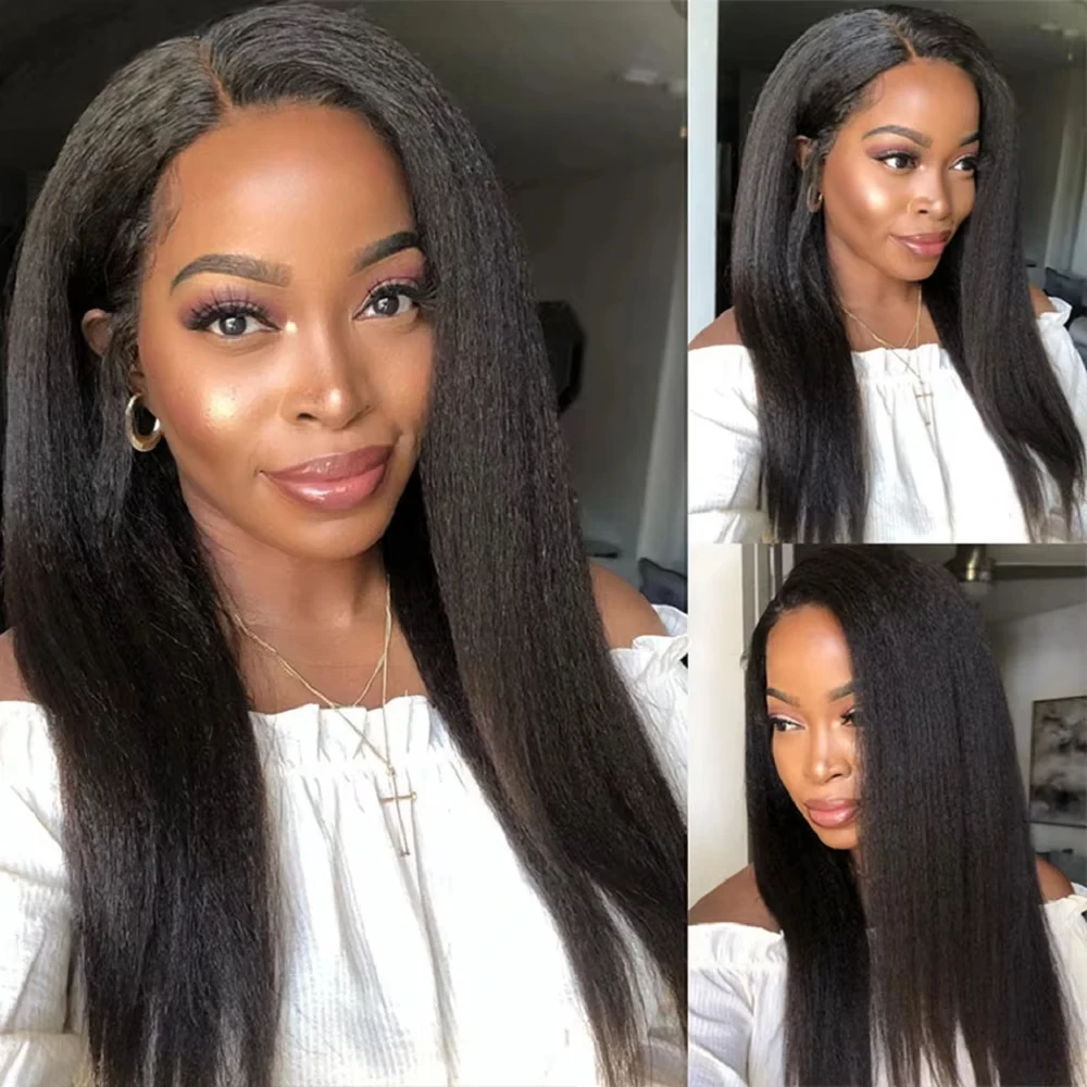 Yaki Straight Kinky Hair V Part Wig Human Hair Upgraded V Part 200% Density Full Machine Made Wig