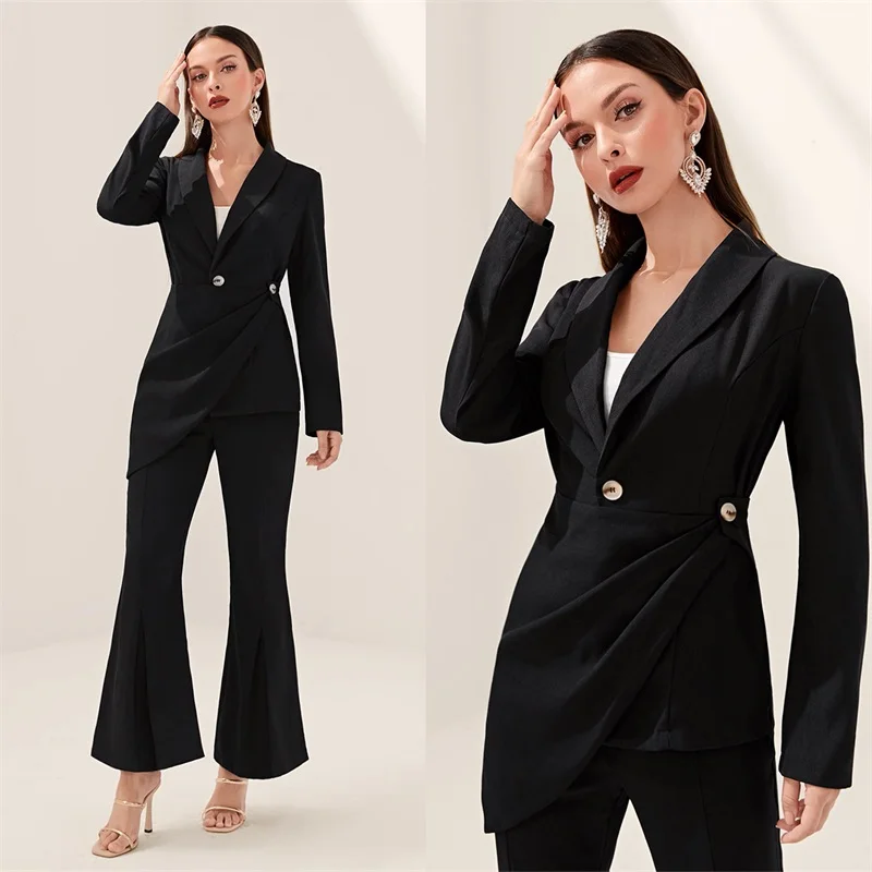 Pleated Black Women Suit Set Blazer+Flare Pants 2 Pcs Fashion Irregular Hem Office Lady Jacket Tuexdos Prom Dress Tailored