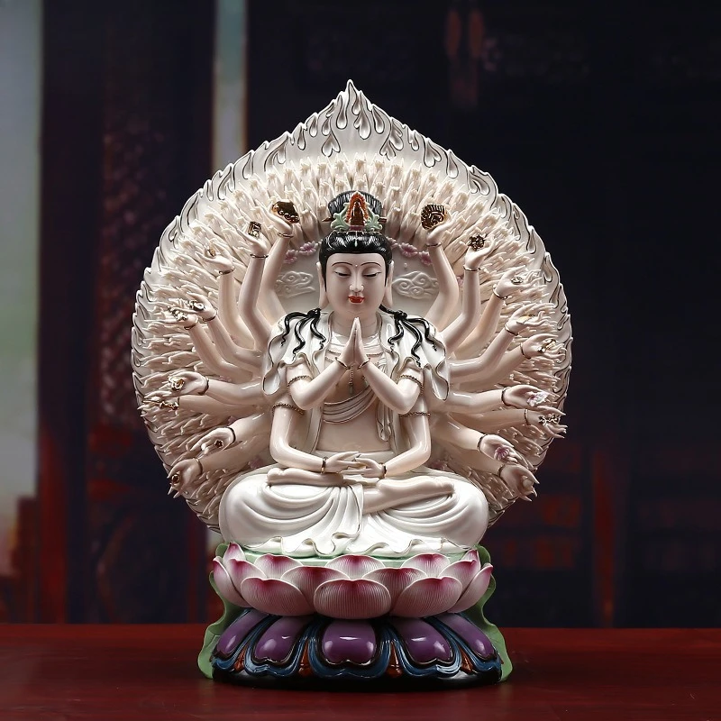 Ceramic lotus Guanyin Bodhisattva home offering 19-inch back screen thousand-handed Guanyin