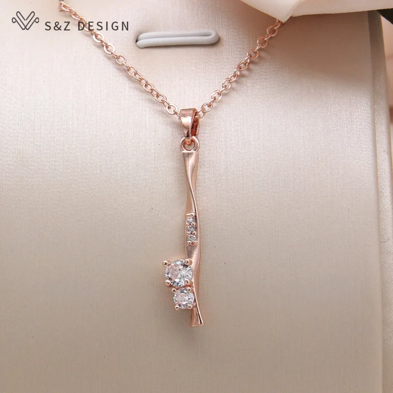 S&Z DESIGN New Fashion 585 Rose Gold Color Long Spiral Round Cubic Zirconia Pendant Necklace For Women Trendy Jewelry Gift