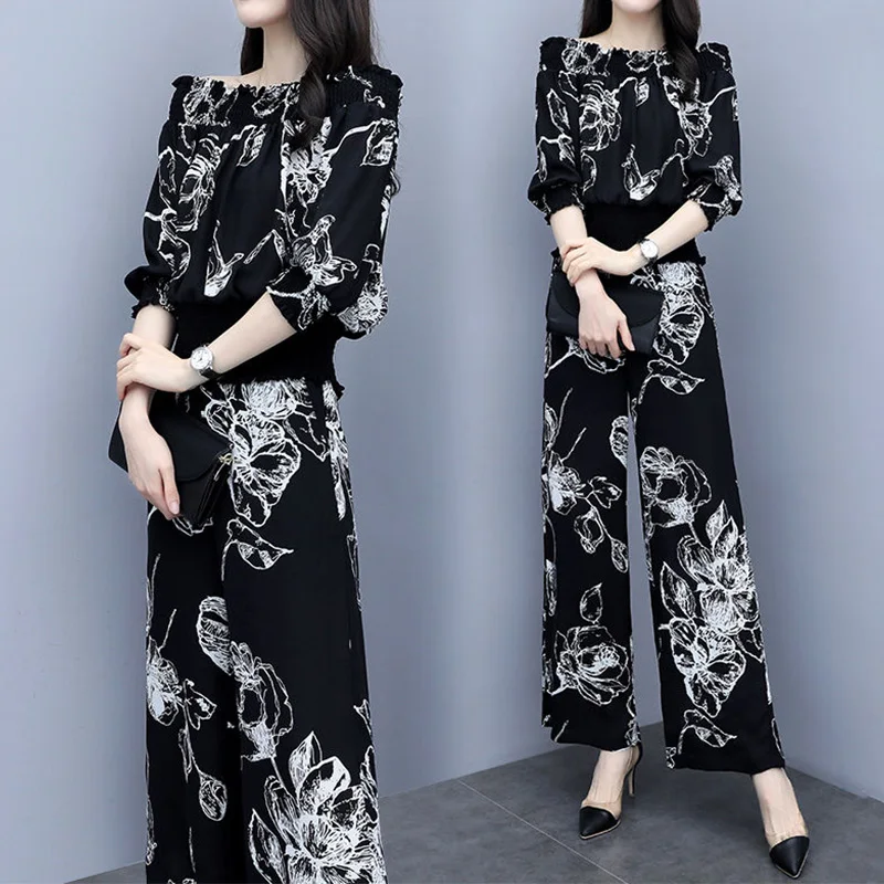 Elegant Fashion Floral Print Pant Sets Summer 2023 Slash Neck Short Sleeve Tunic Blouse Elastic Waist Long Pants Slim Women Sets