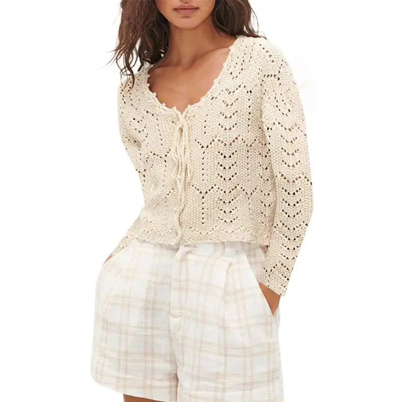 

2025 Spring Fashion Casual Women's V-Neck Sweater Cardigan Sexy Hollow Design Solid Color Long Sleeve Sweater