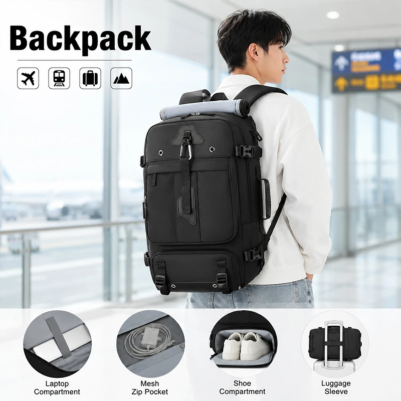 Expandable Travel Backpack for Men Large Capacity Hiking Rucksack Outdoor Camping Bag with Shoe Compartment Luggage
