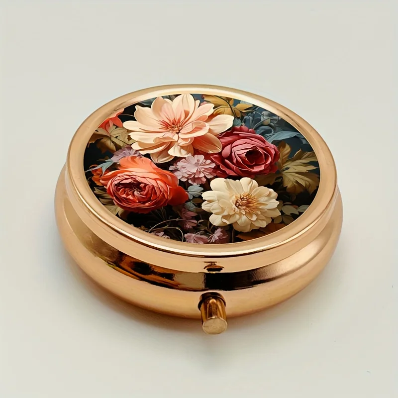 Floral Embossed Pill Box - Three-Compartment Metal Portable Model, a Convenient Organizer for Vitamins and Medicines, a Delicate and Portable Gift