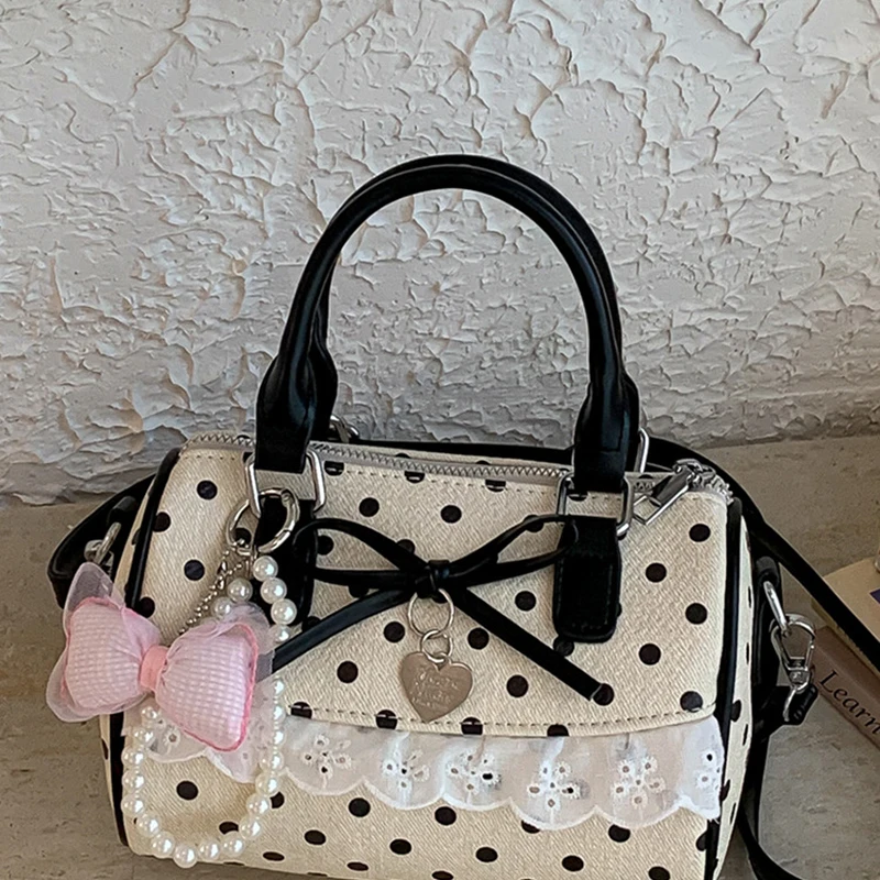 Koreanische Polka Dot Bowknot Patchwork Hobo Umhängetasche, Damenhandtasche, vielseitige, leichte, kleine quadratische Tragetasche für den Arbeitsweg – Detail 5
