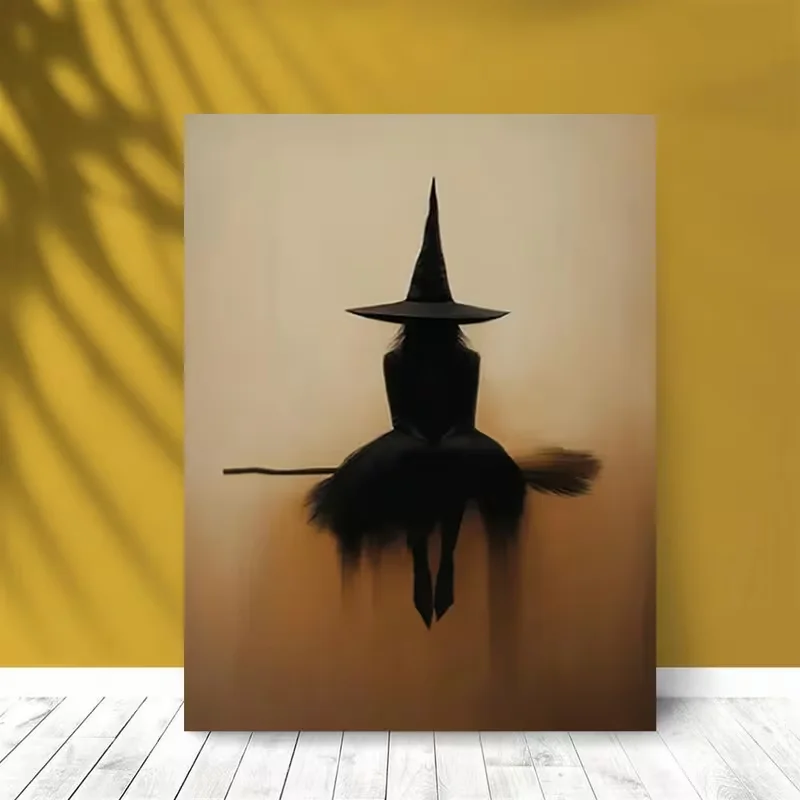 1pc Gothic Witch on Broomstick Canvas Wall Art - Beige & Black Wood Framed/Frameless Modern Minimalist Print, Hook-and-Loop Hang