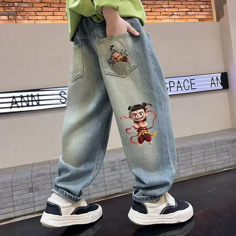 Boy's jeans - Spring 2026 collection - 3-12 years old - Large-sized children's casual pants with cartoon prints - Denim pants