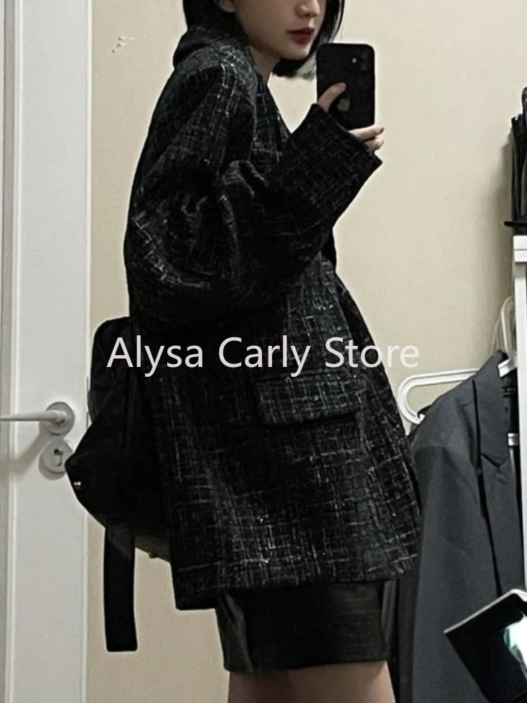 Fashion Trend Black Blazer Women Outwear Korean Style Button Design Winter Coat Female Elegant Office Lady Long Sleeve Blazer