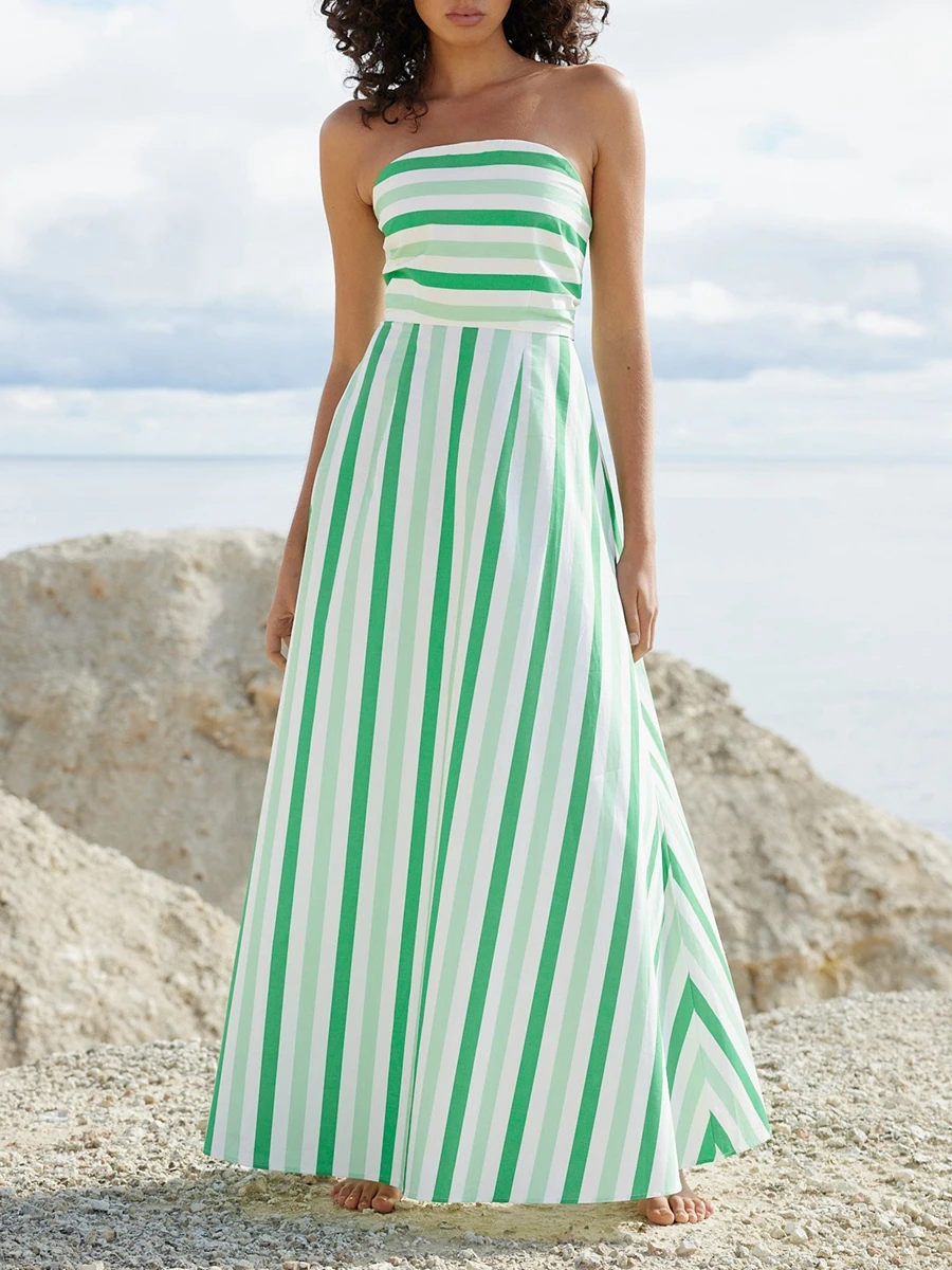 

Women Strapless Striped Maxi Dress Summer Backless Striped Print A-Line Party Dress Y2k Tube Long Dress Beach Party