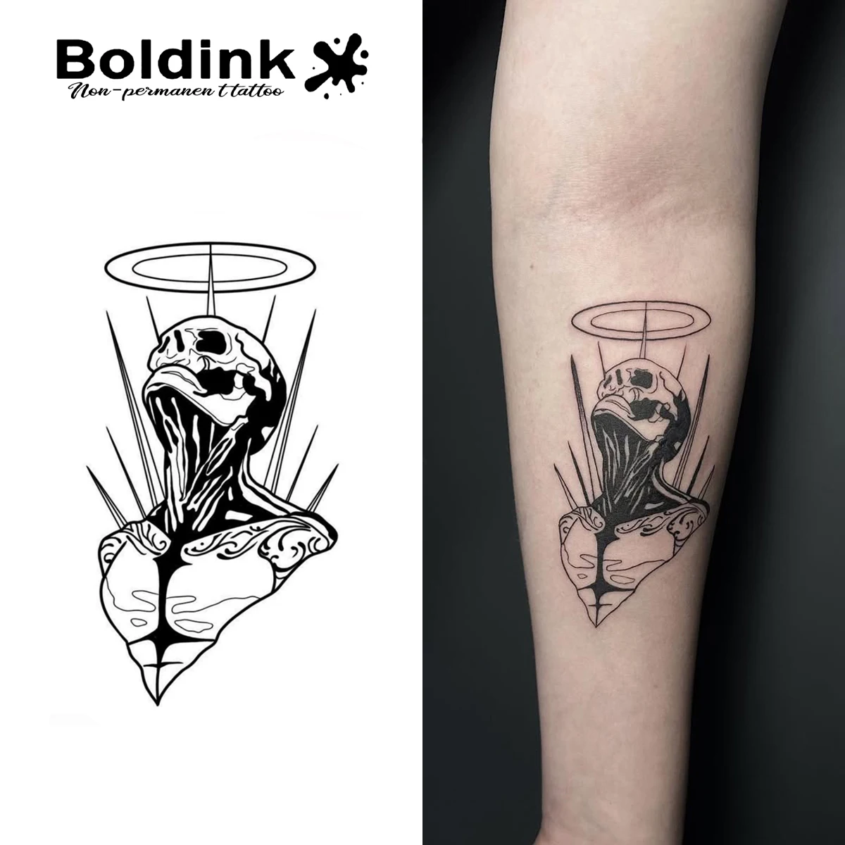 Boldink Angel Skull Temporäres Tattoo, hält bis 15 Tage, neue Technologie, magischer, wasserfester, semi-permanenter Aufkleber.