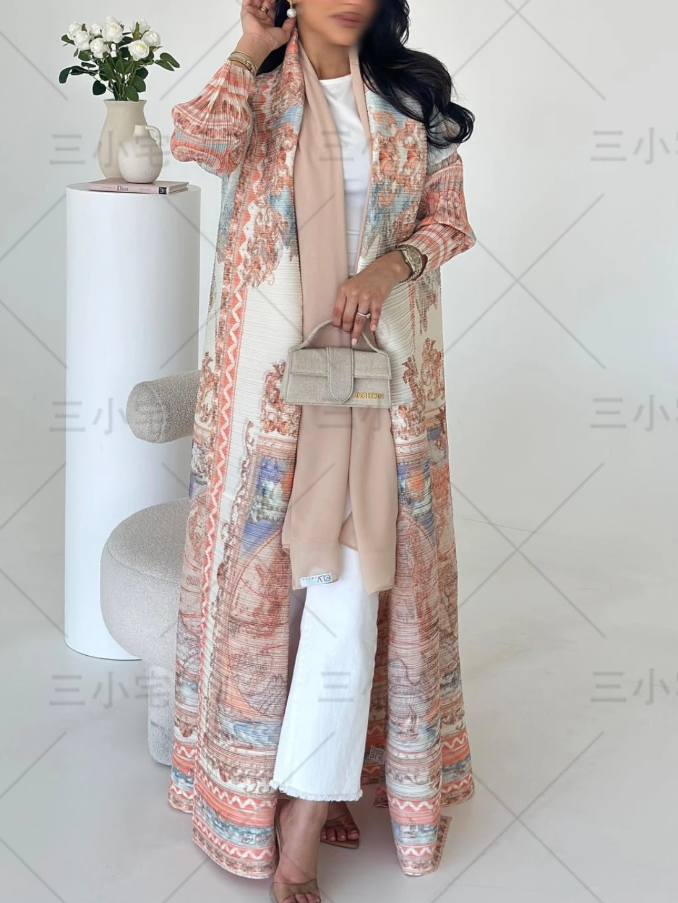 

Miyake Pleated Abaya Women Dubai Muslim Caftan Vintage Trench Coat Printed Long Sleeve Morocco 2025 Original Designer Cardigan