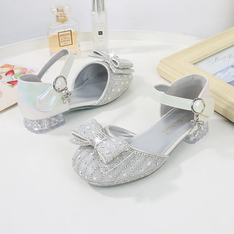 

Princess Summer Shoes for Girls Kids Casual Glitter Children Crystal High Heel Shoes Bowknot Dancing Performance Party Sandals