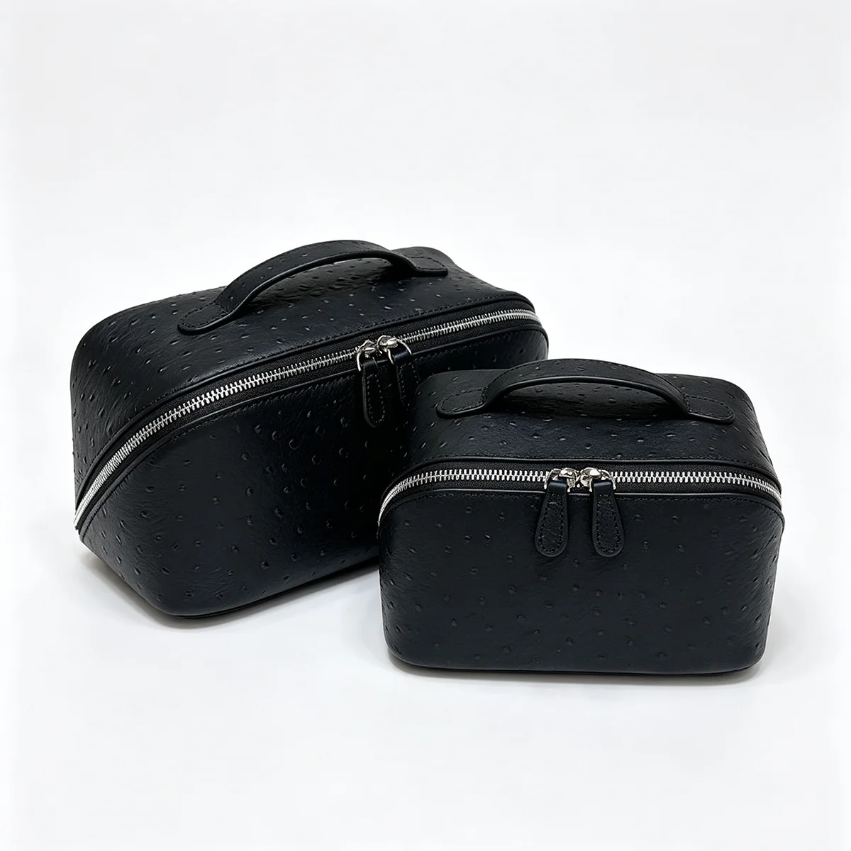 Echte Rindsleder-Kosmetiktasche mit Straußenmuster, Tragbare Reisetasche für Make-up und Toilettenartikel mit Reißverschluss – Detail 18