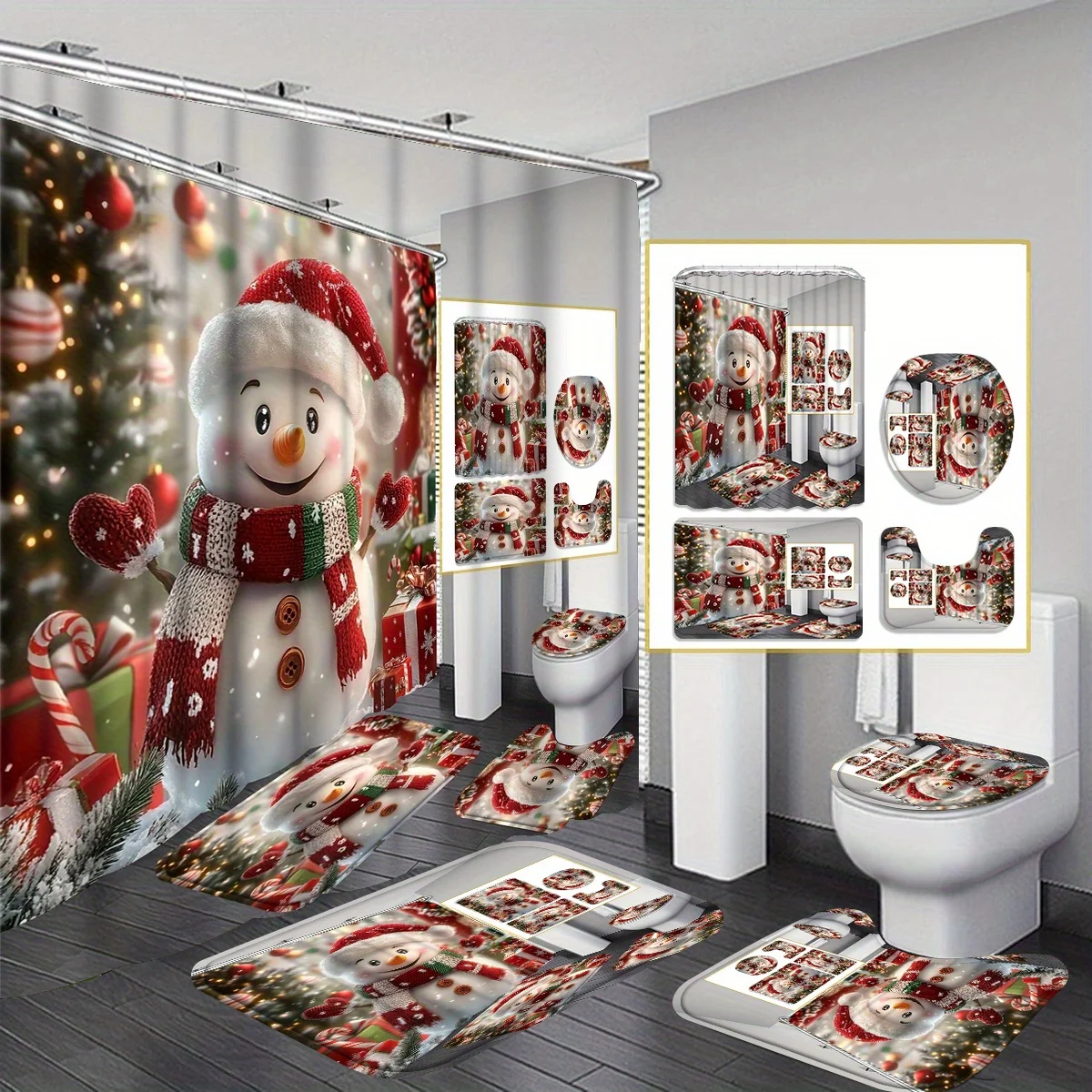 

Christmas Snowman Shower Curtain Set with Anti-Slip Mats & Toilet Cover, Dry Wet Separation Functional Bathroom Decor for Xmas