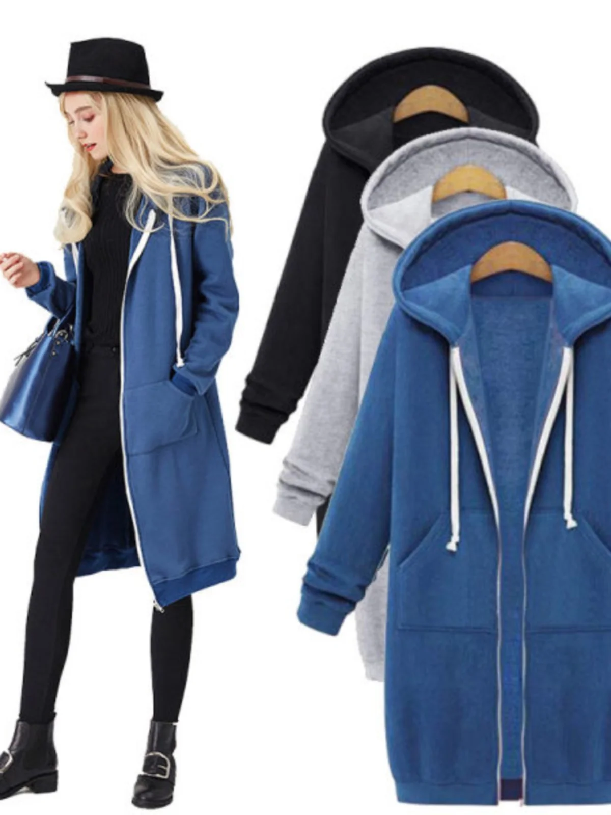 

Women's Hooded Sweatshirt Thickened Fleece Zipper Cardigan Outerwear Street Style Long Sleeve Loose Fit Pure Color Autumn Winter