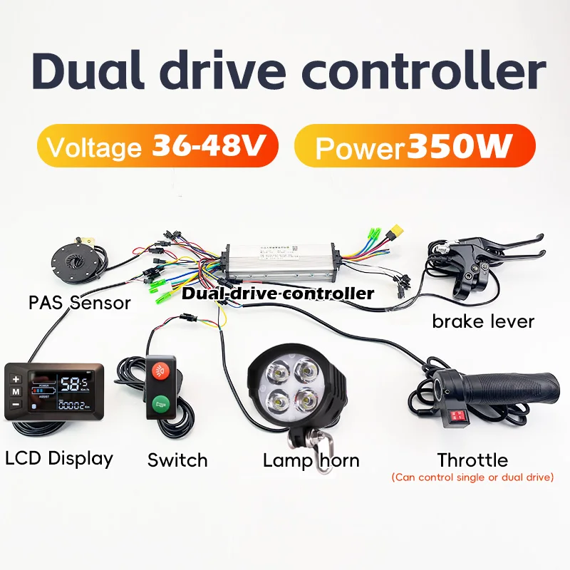 

Контроллер для электросамоката с двойным приводом 36В/48В 250Вт/350Вт, контроллер для модифицированного картинга с двумя моторами 350Вт, контроллер привода с двумя моторами 350Вт