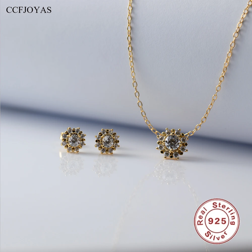 

CCFJOYAS 925 Sterling Silver Sun Flower Pendant Necklace for Women Retro Pave Zircon Stud Earrings Fine Wedding Jewelry Set