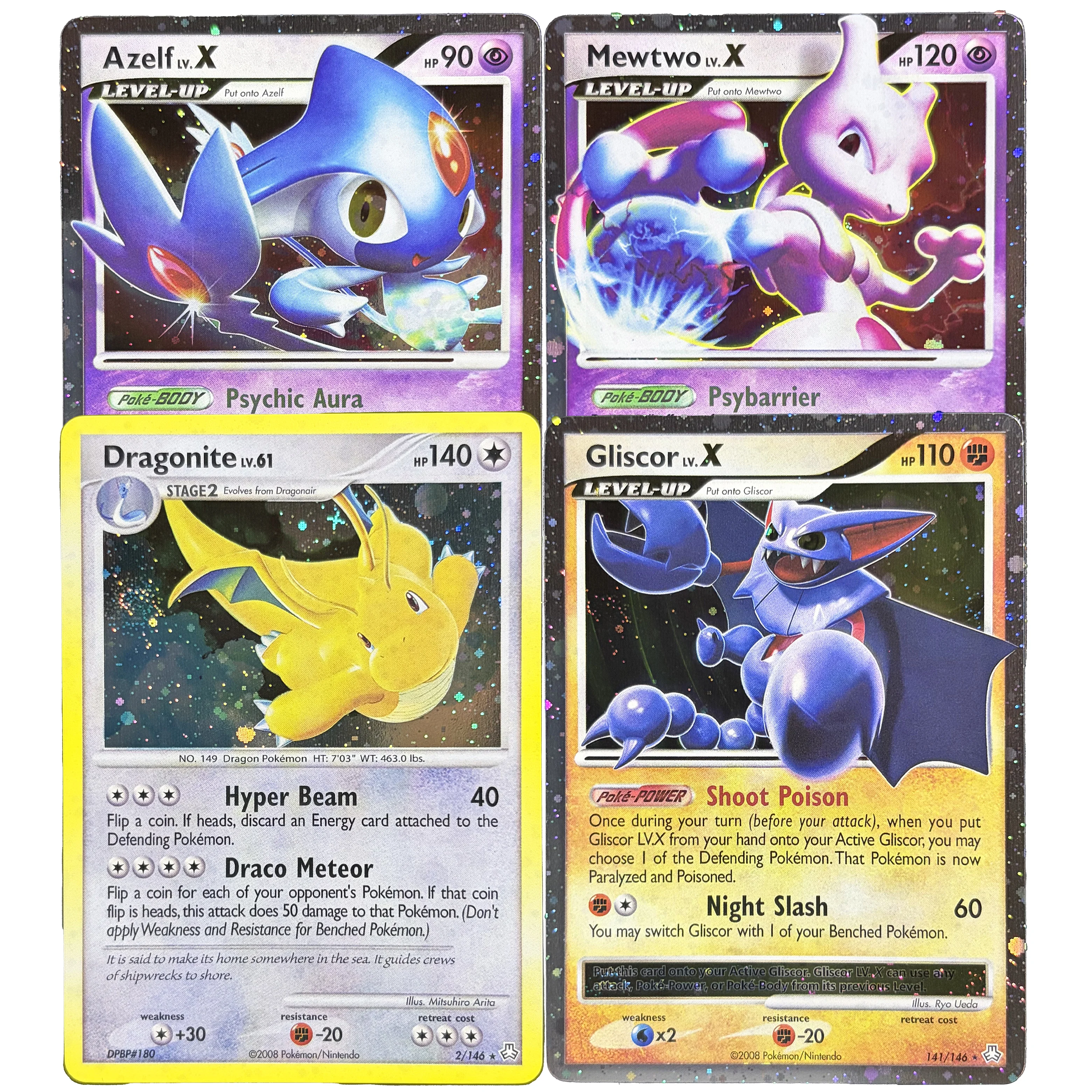 

4PCS PKM TCG Diamond & Pearl Legends Awakened Holo Cards Mewtwo/Azelf/Gliscor/Dragonite Ptcg Vintage Rare Collectible Proxy Card
