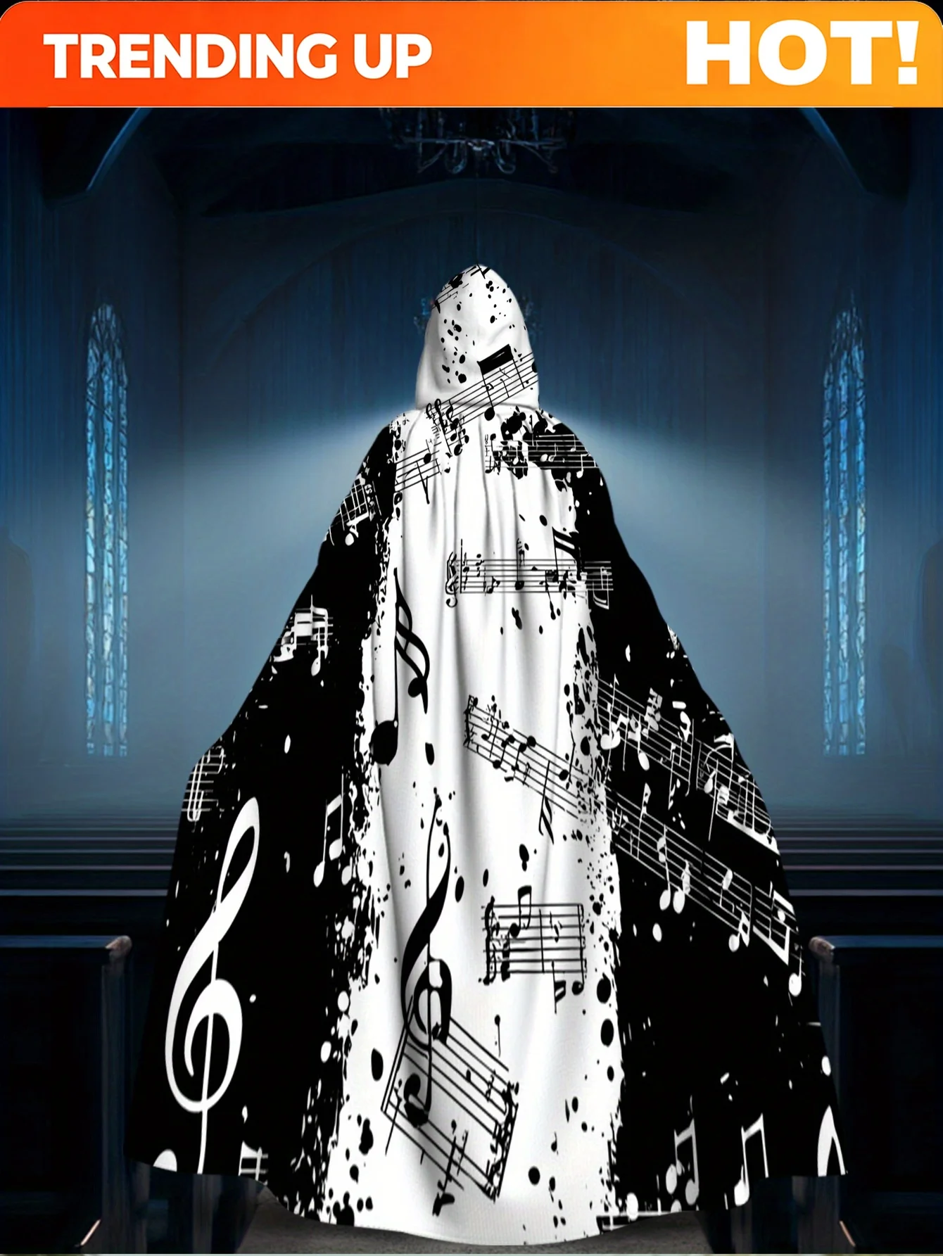 Customization 1pc LianyaoShi Selected 2D Flat Print Medieval Hooded Cloak With Musical Notes Graphic Design, 100% Polyester