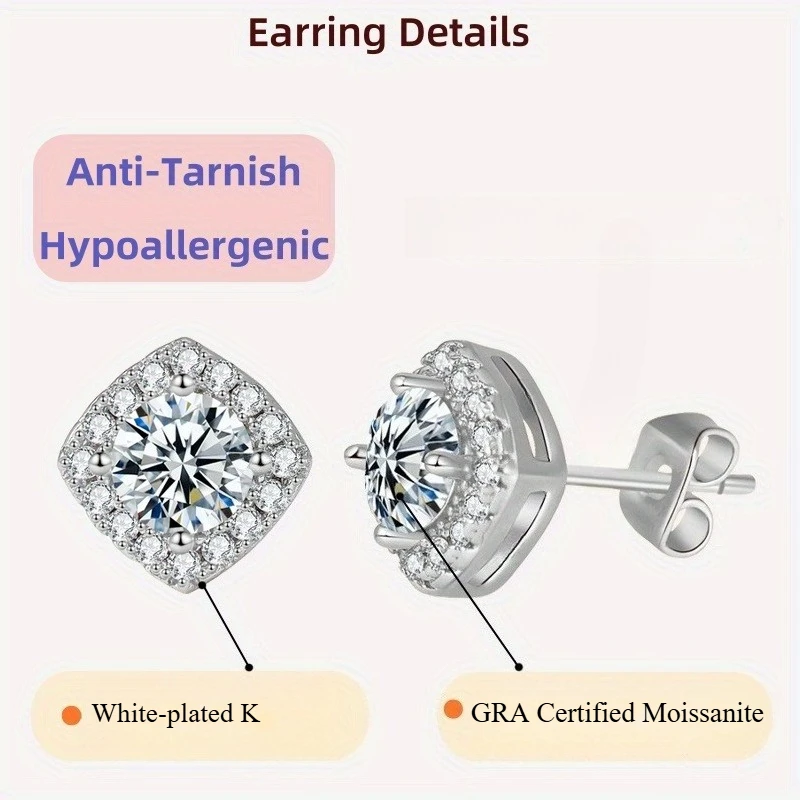 

A Pair of 0.8Carat Synthetic Moissanite Stud Earrings, with White-plated K, Minimalist Men's Stud Earrings.