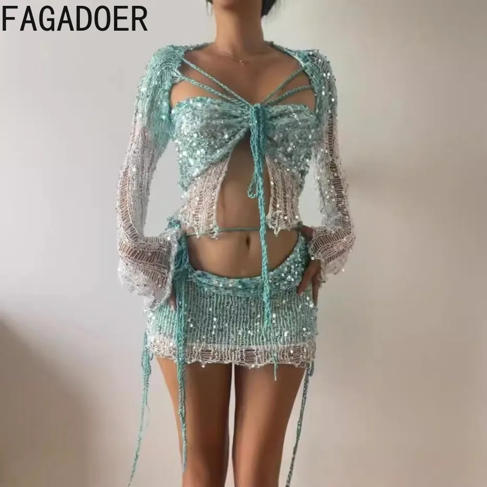 FAGADOER Sexy Sequins Hollow 3 Piece Sets Outfit Women Lace Up Crop Tops And Mini Skirts Suits Female Nightclub Party Clothing