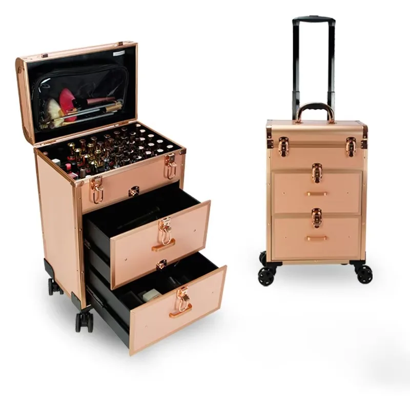 Custodia per trucco con ruota universale staccabile alla moda calda Cassetta degli attrezzi per tatuaggi per unghie di bellezza con asta di trazione personalizzata con cassetto per i viaggi