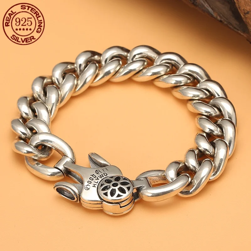 Punk style 925 sterling silver vintage Cherry Blossom men's rugged bracelet Hipster accessories wide face fashion accessories