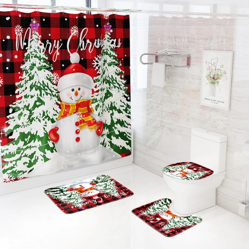 4pcs/Set Christmas Shower Curtains Snowman Christmas Tree Xmas New Year Bathroom Decor Non-slip Rug Bath Mats Toilet Lid Cover