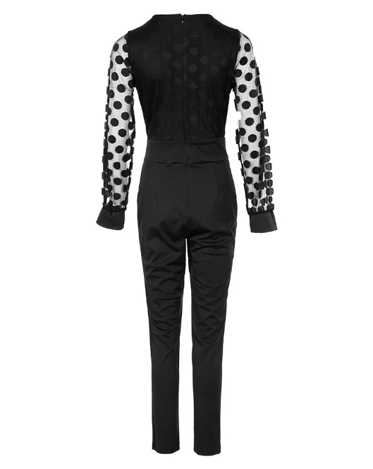 Women Fashion Jumpsuit 2024 Spring Summer Last Elegant Black Mesh Polka Dot Long Sleeved Romper Solid Color Long Pants Bodysuit