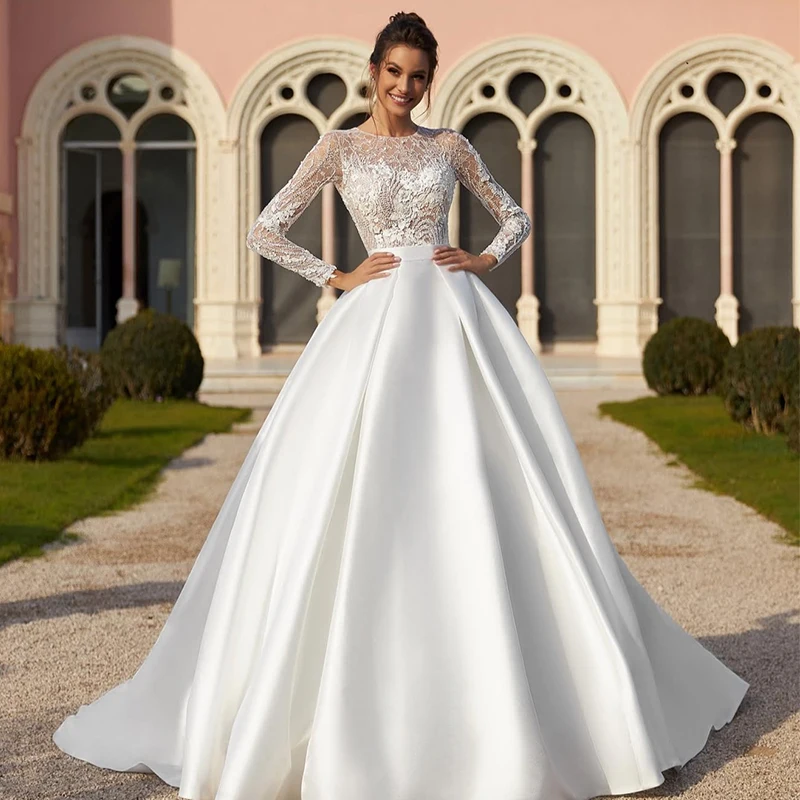 

Elegant Wedding Dress Satin With Embroidered Lace A-Line Ball Gown Full Sleeve O-Neck Customized Bride Button Vestido De Novia