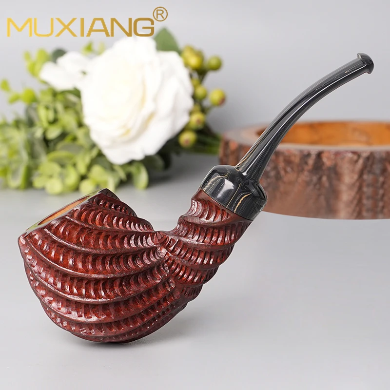 MUXIANG briar wood hand-carved pipe pineapple spiral carved pipe gift rubber pipe mouth flat fruit pipe