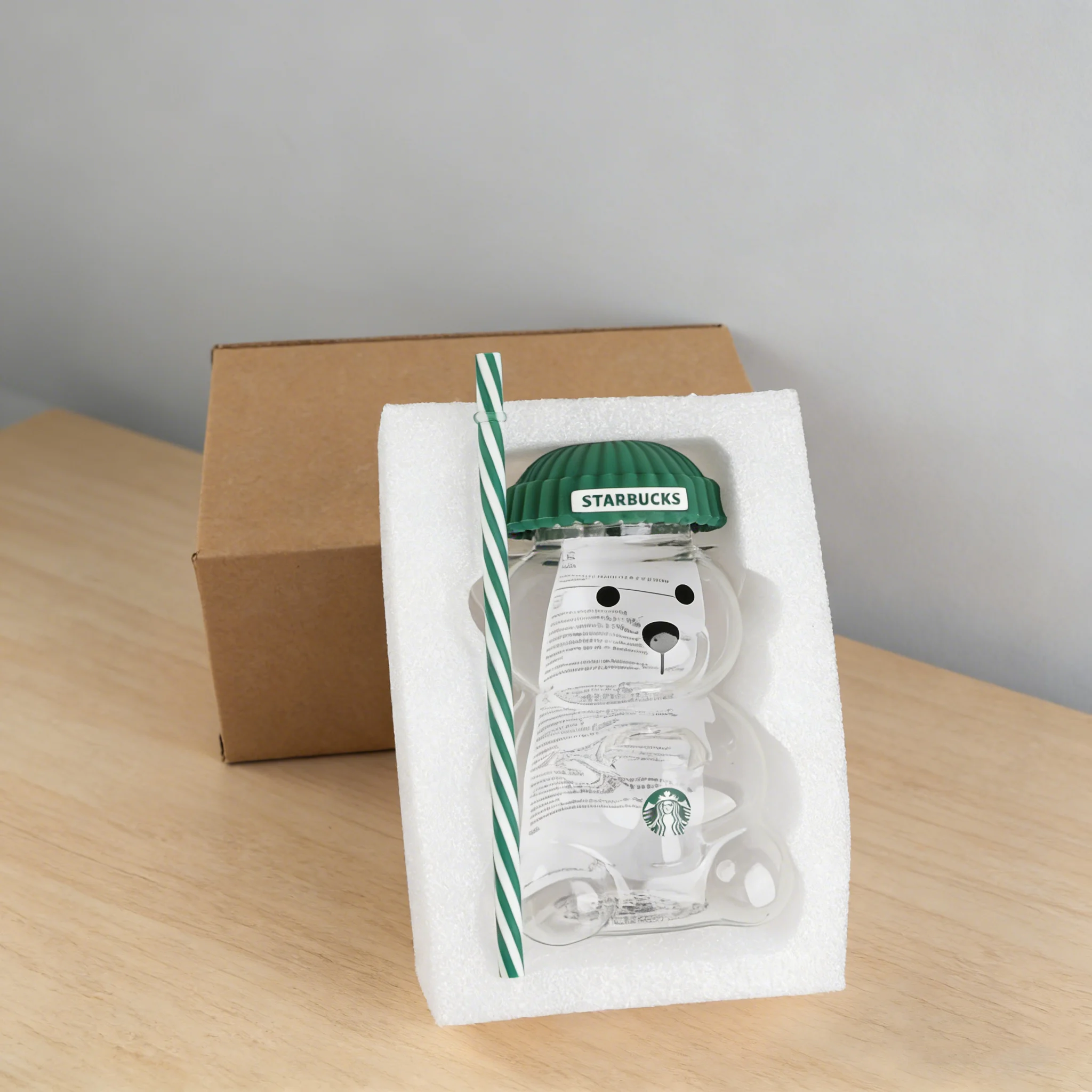 Copo de Vidro Adorável Starbucks Bearista Bear 591ml com Tampa Verde e Canudo, Presente para Café em Casa