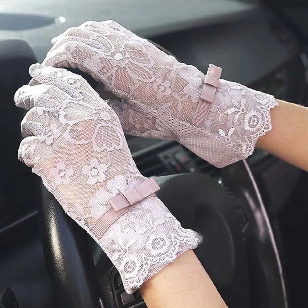 Gloves Embroidered Sun-proof Bow Driving Women Lady Summer Lace Touch Screen Mittens Five Fingers Mitts Thin Gloves Lace Mitten