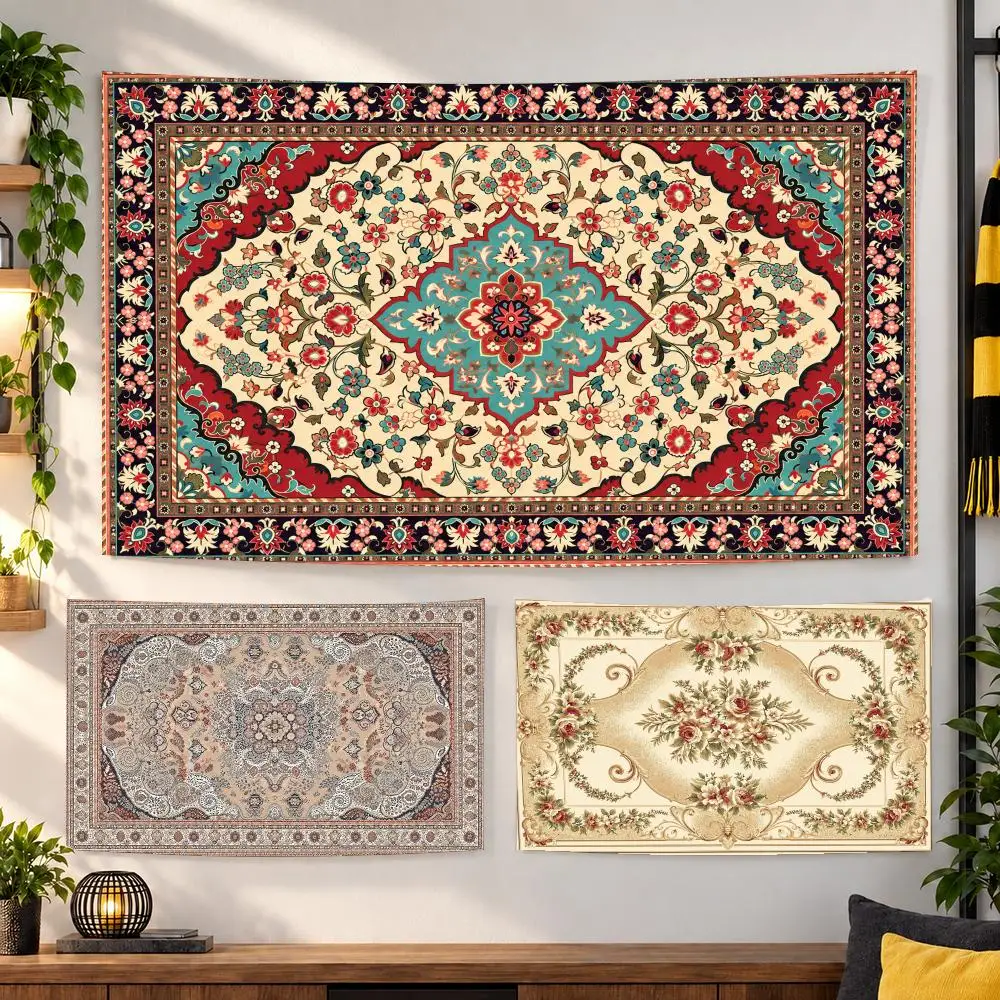 Ornate Persian Floral Medallions Tapestry Custom Living Bedroom Party Dormitory Interior Wall Bohemian Decoration Attached Clip