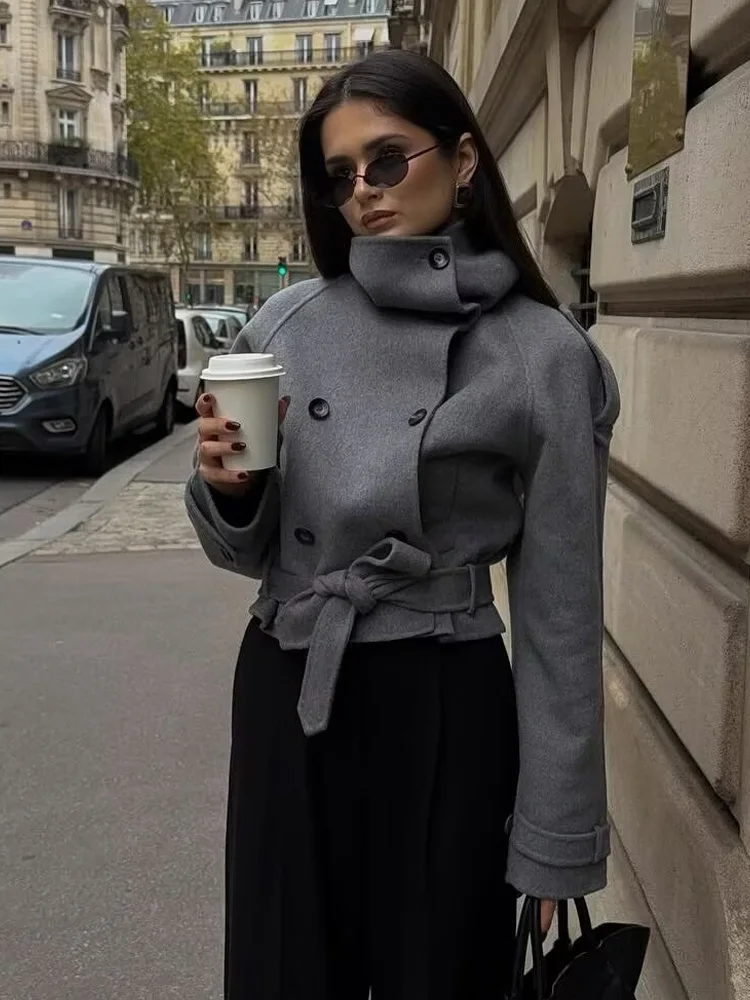 Damska elegancka dwurzędowa kurtka z paskiem, kieszeniami, jednolita, krótka, z wysokim kołnierzem, długimi rękawami, dopasowana, codzienna kurtka damska w stylu streetwear.