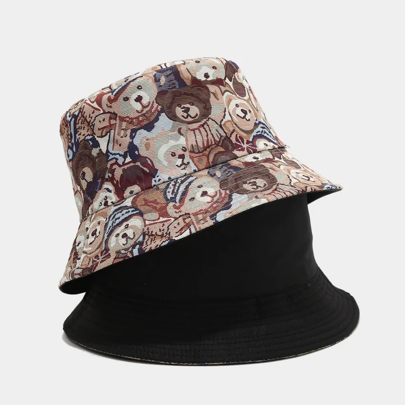 Unisex Cartoon Bear Print Double Sided Bucket Hat Casual Sun Cap For Women Men