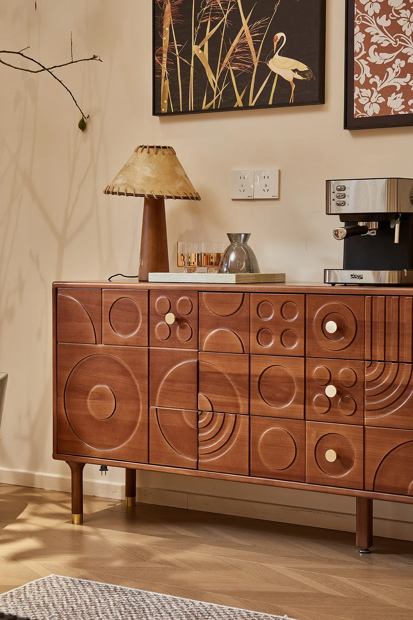 French Solid Wood Mid-Century Sideboard Large Capacity Living Room Storage Cabinet with Entryway Drawer