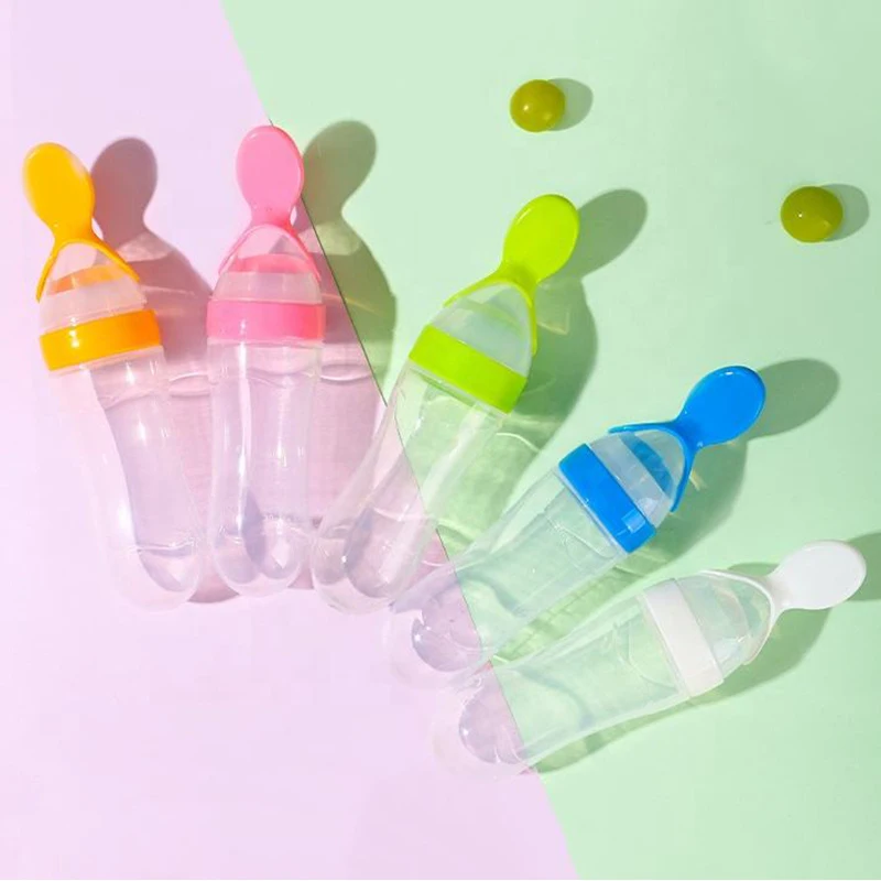 Squeezing Feeding Bottle Silicone Newborn Baby Training Rice Spoon Infant Cereal Food Supplement Feeder Safe Tableware Tools