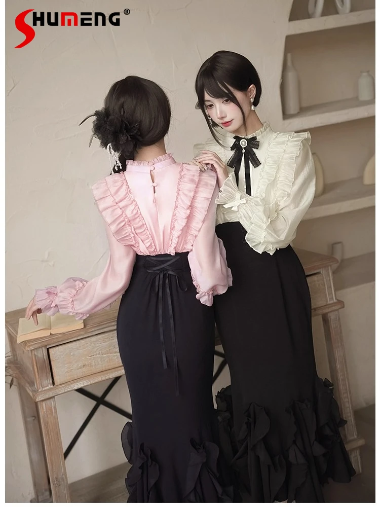 Original elegante babados retalhos gola manga longa cintura alta fino ajuste bodycon sereia vintage vestido longo feminino outono