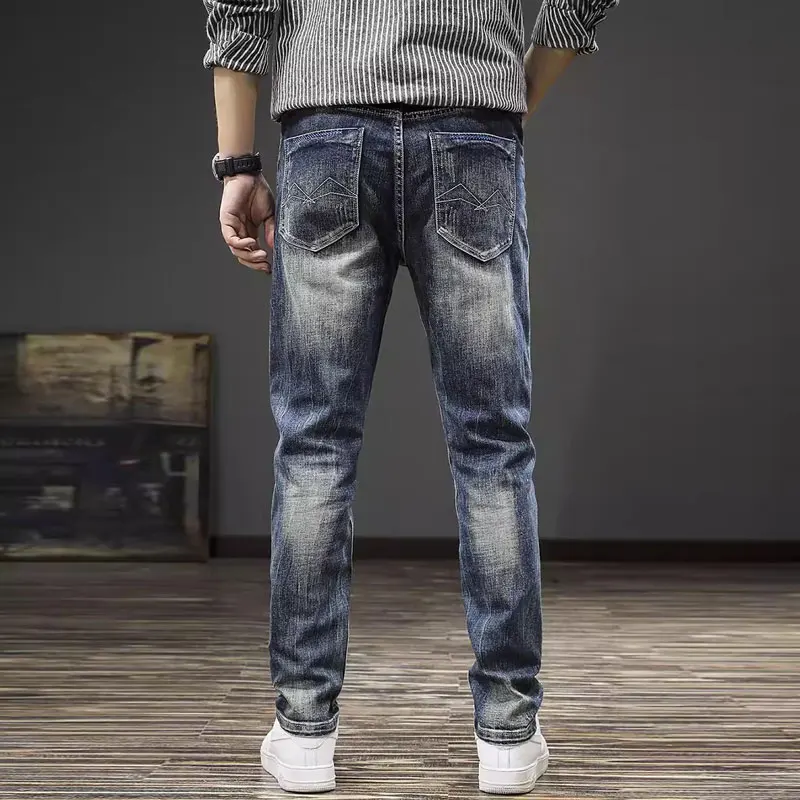 Fashion designer men's washed blue jeans, retro elastic slim fit corrugated jeans, men's straight leg pants, retro denim pants,