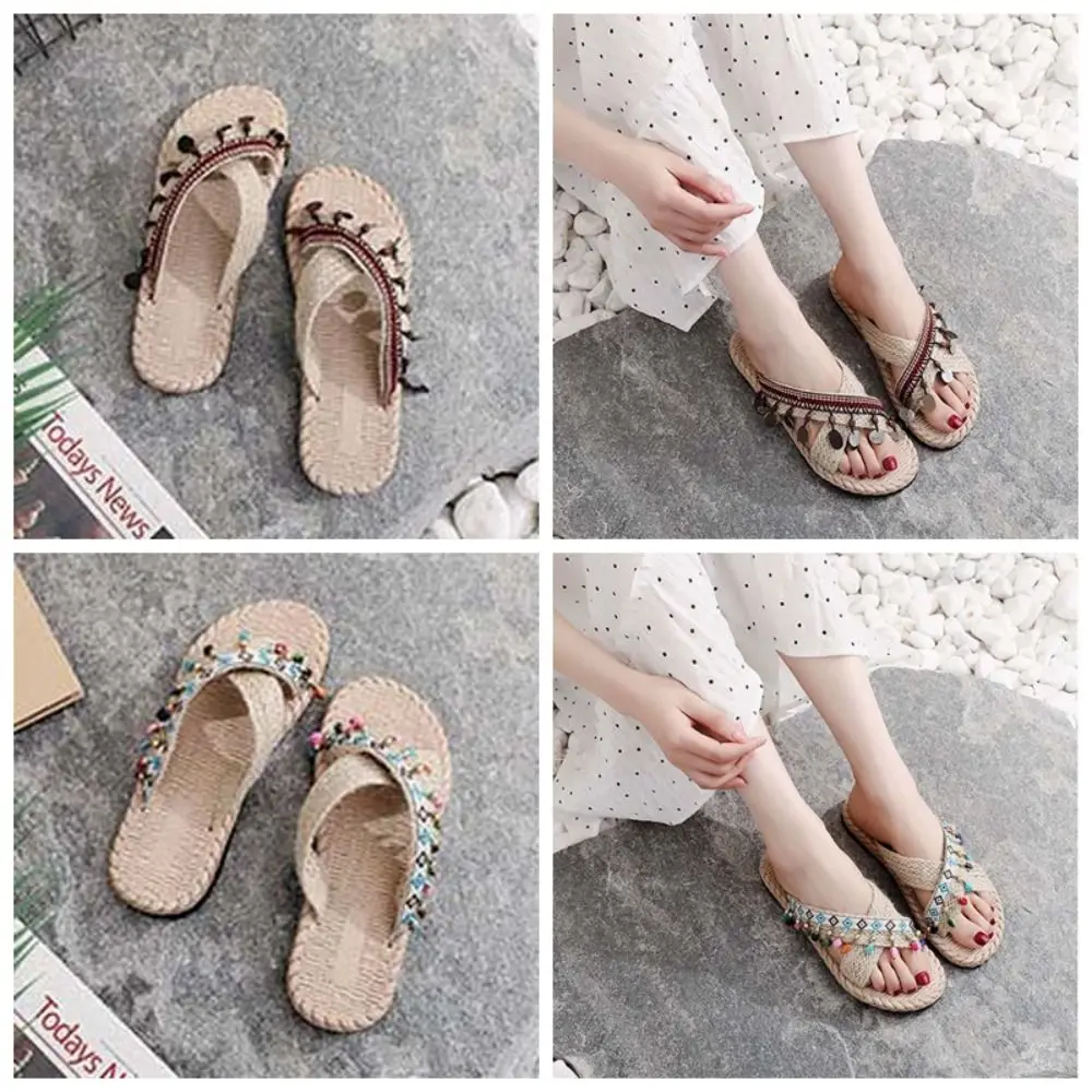 Retro Klapki z Słomki z Frędzlami Imitacja Muszli Etniczne Kapcie Antypoślizgowe w Stylu Bohemy Lniane Klapki na Plażę