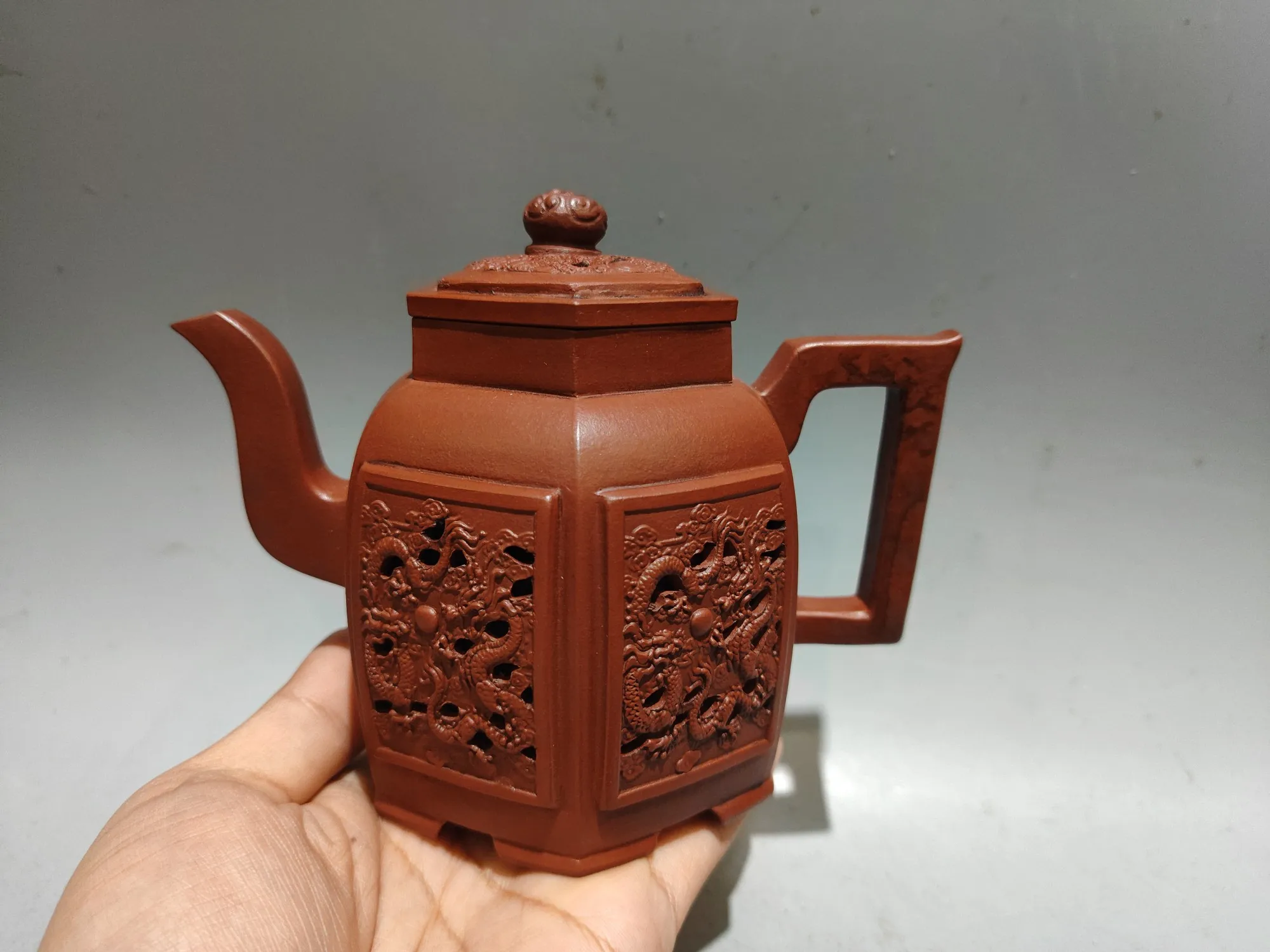 Yixing Purple Clay Pot Dragon pattern cover hollow-out Dragon patterned square teapot Kettle Teapot Flagon