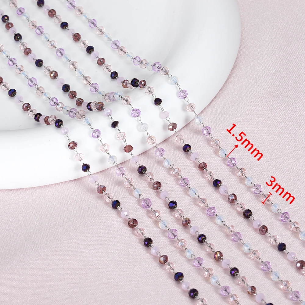 1Meter Purple Crystal Stone Beads Stainless Steel Chain for Necklace Bracelet DIY Jewelry Making Supplies