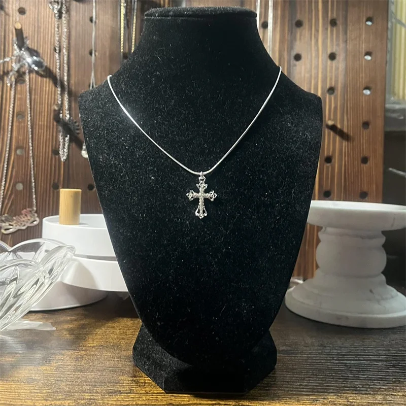 اليدوية Y2K القوطية الفولاذ المقاوم للصدأ ثعبان الحبل قلادة مع قلادة الصليب حجر الراين الصغيرة #5