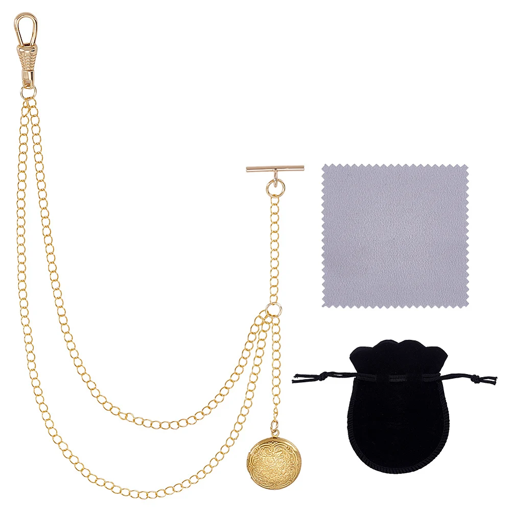 Brass Locket Pendant Decotations with Brass Chains & Lobster Claw Clasps and Velvet Bags and Suede Fabric Silver Polishing Cloth