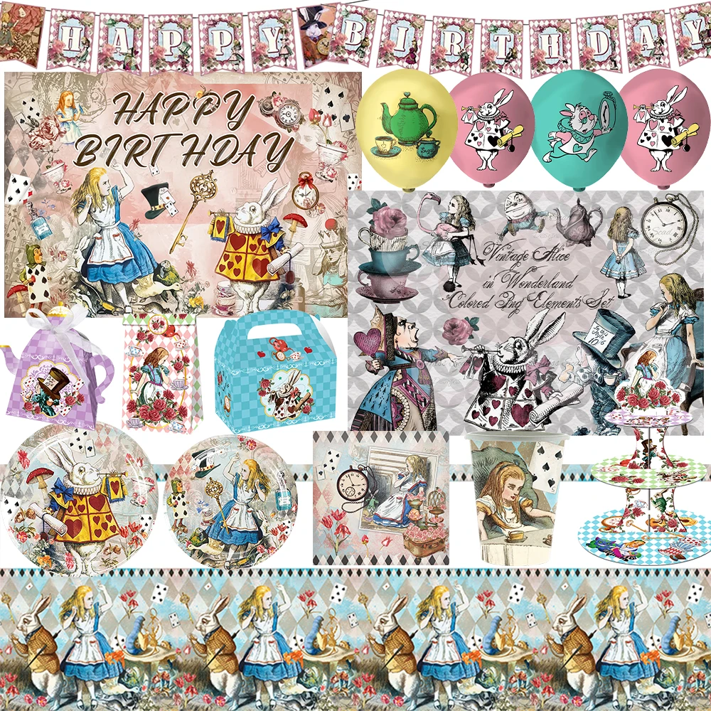

Disney Cartoon Alice In Wonderland Birthday Party Decorations Girls Favor Backdrop Princess Disposable Tableware Dreamy Balloon
