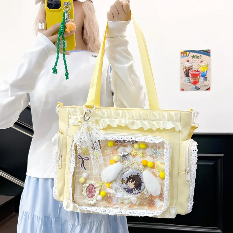 

Kawaii Bow Ita Tote Bag with Clear Window, Japanese JK Style Pin Display Shoulder Purse Cute Sweet Handbag for Badge Collection