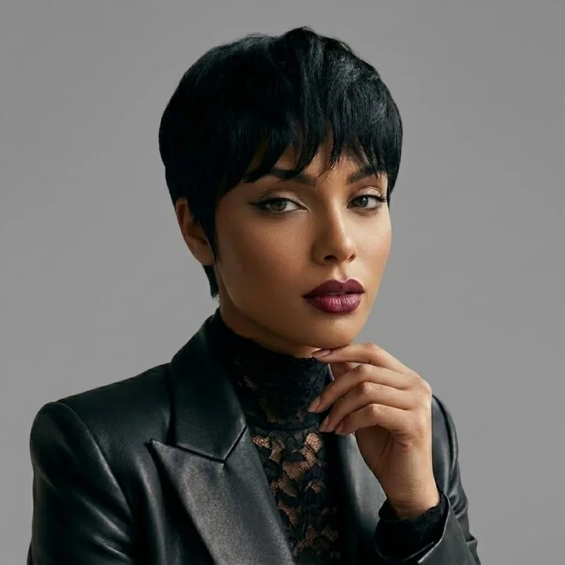 

6 Inch Black Pixie Cut Wig With Bangs Synthetic Short Wig For Black Women Daily Fashion Hairstyle