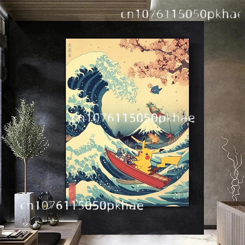 Pokemon ukiyo-e figuras de Anime Pikachu Squirtle Gengar lienzo pintura Anime arte de pared impresiones decoración para sala de estar carteles niños