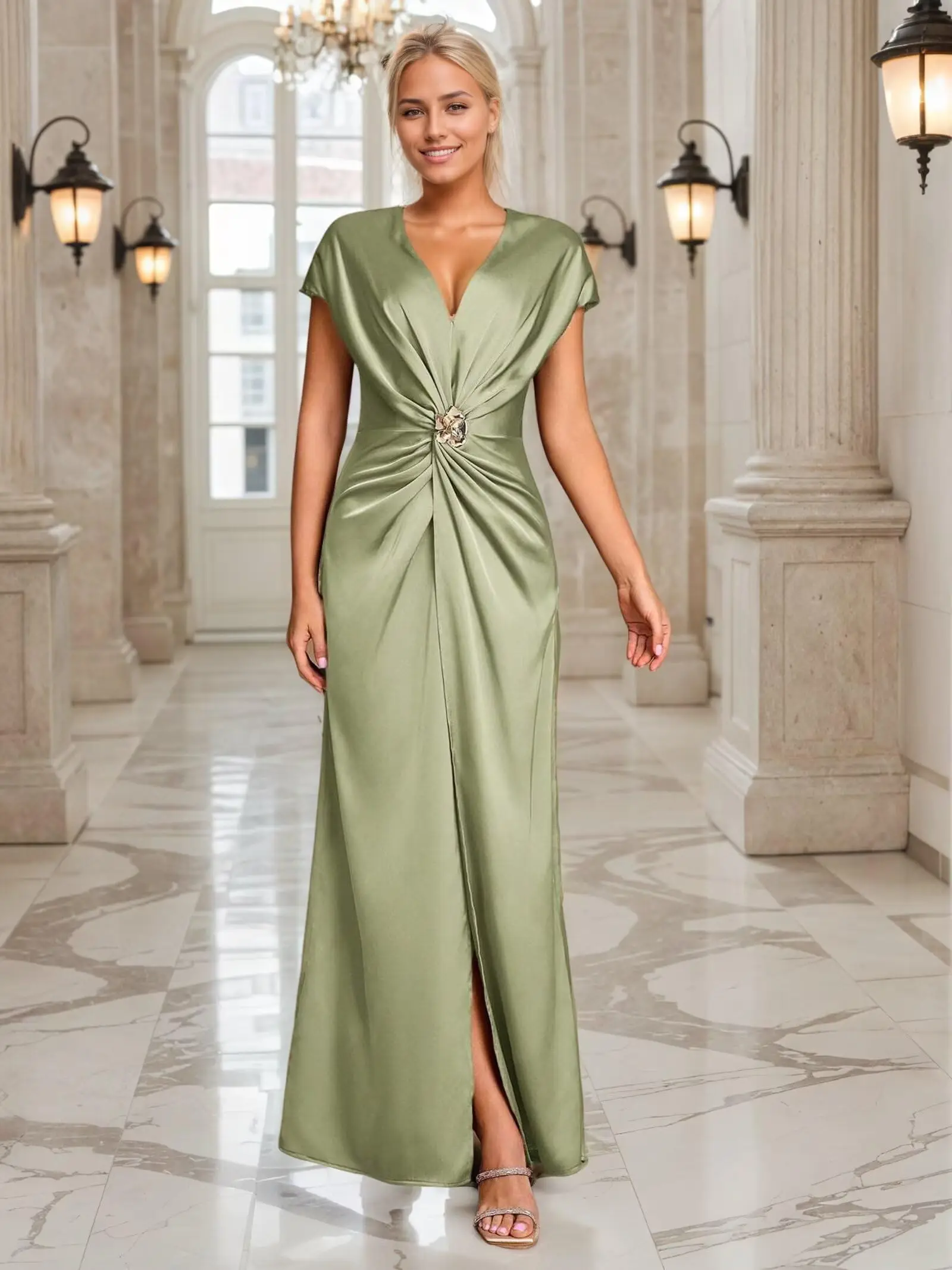 

Mermaid Prom Dresses for Women Short Sleeve Bridesmaid Dress with Slit Satin Formal Gown